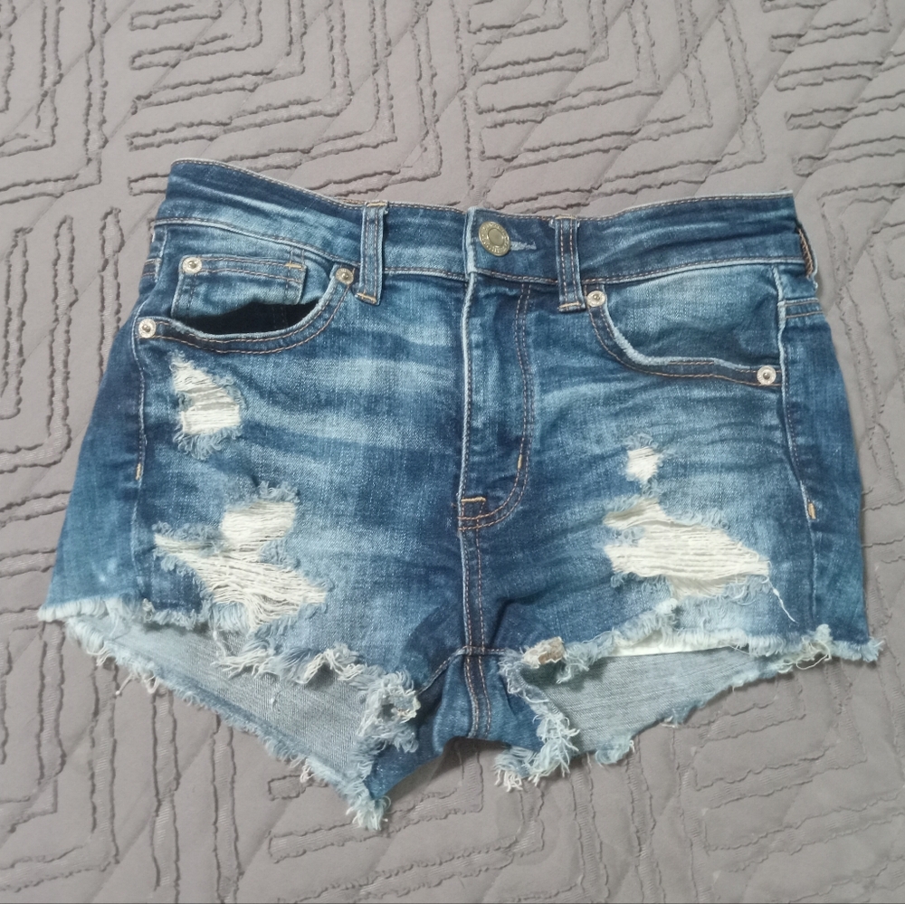 Women's AEO Super Stretch X Hi-Rise Shortie Distressed Jean Shorts SZ 2